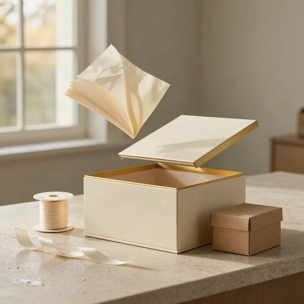 Cream magnetic gift box set with ribbon, tissue and hamper box on a rain-kissed studio surface.