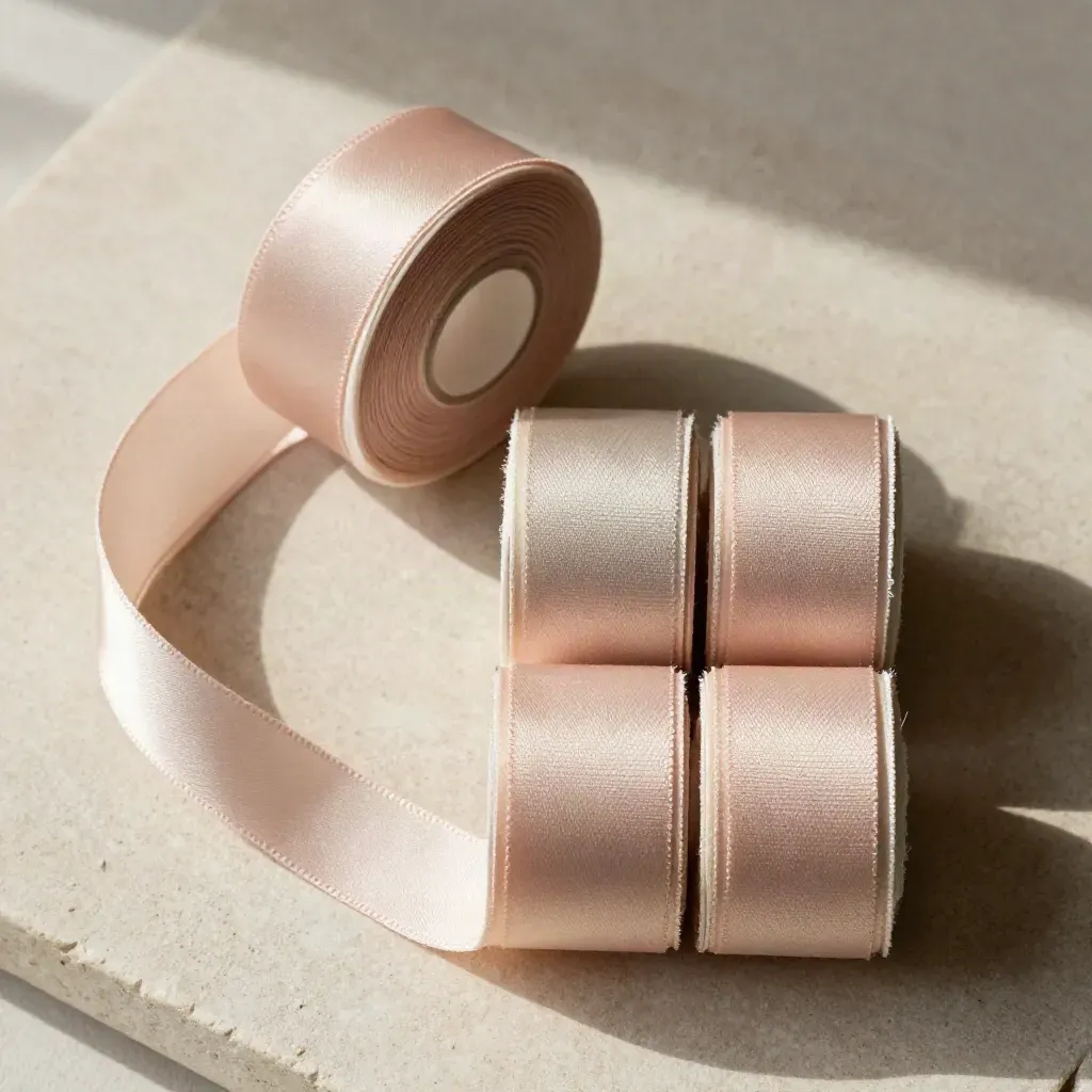Overhead flatlay of three blush ribbon rolls with a curling tail on linen and stone