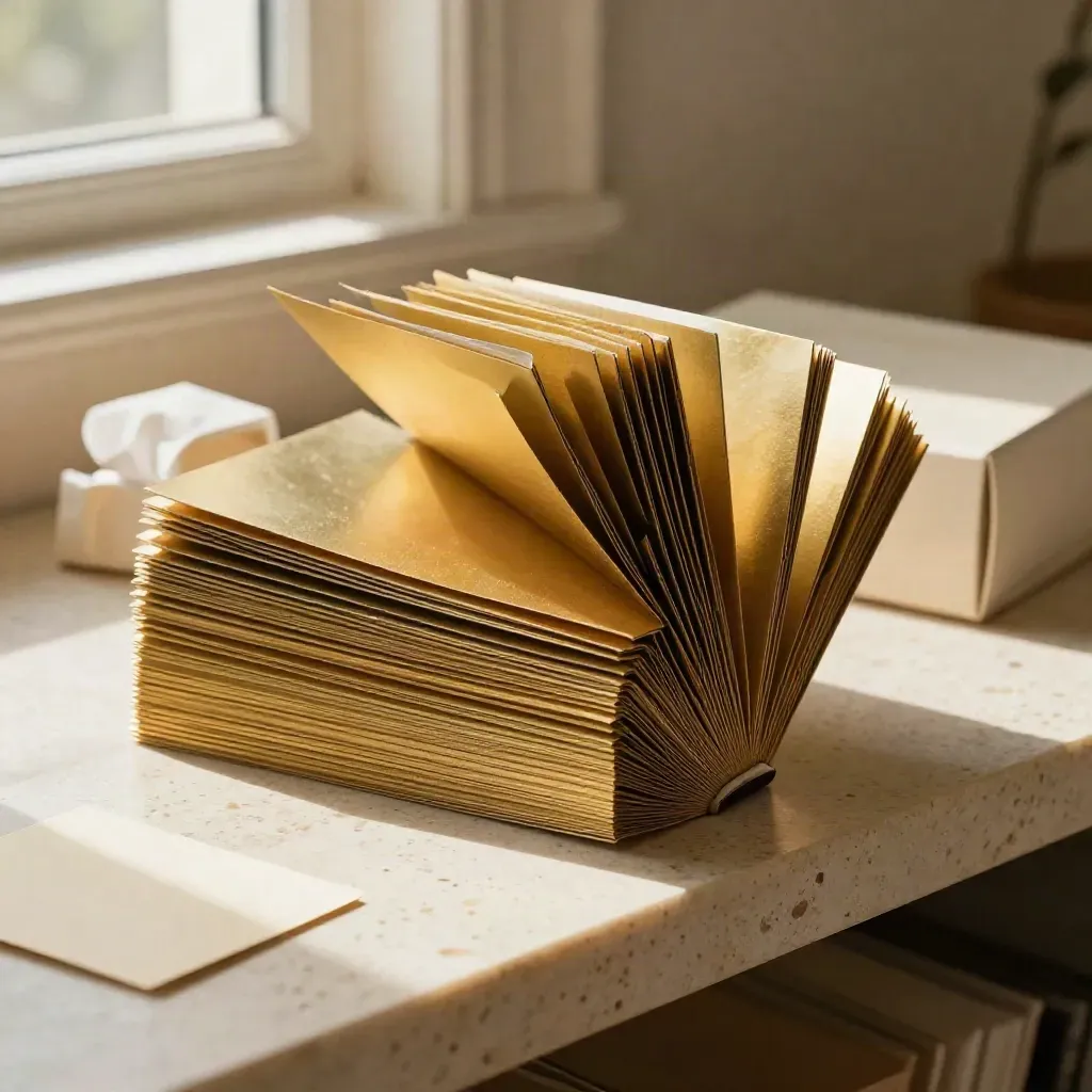 Gold tissue paper fanned open on travertine, held by a small cream box weight.