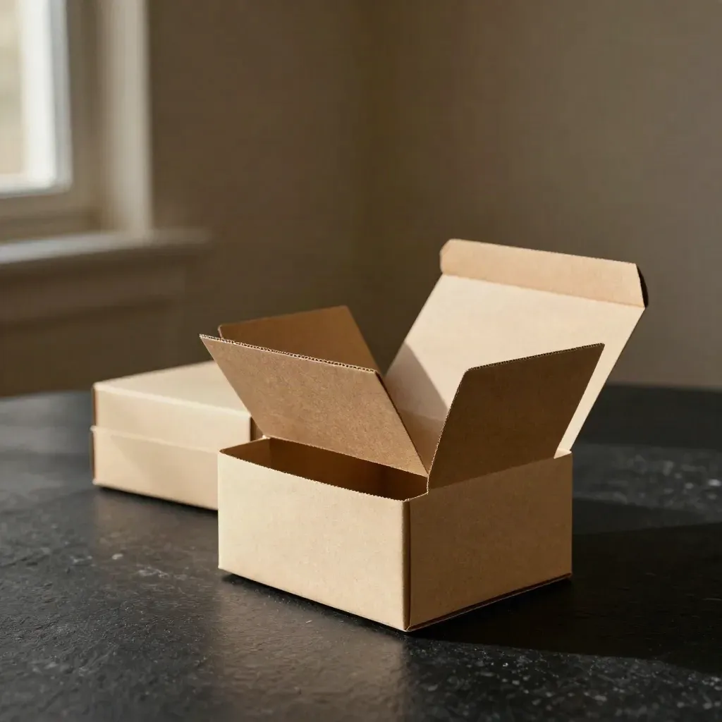 Three kraft and cream cartons, one open, on a matte-black surface in dramatic studio light.