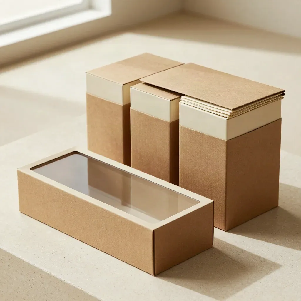 Six kraft window hamper boxes stacked diagonally on stone, one lid open, bright overhead light.
