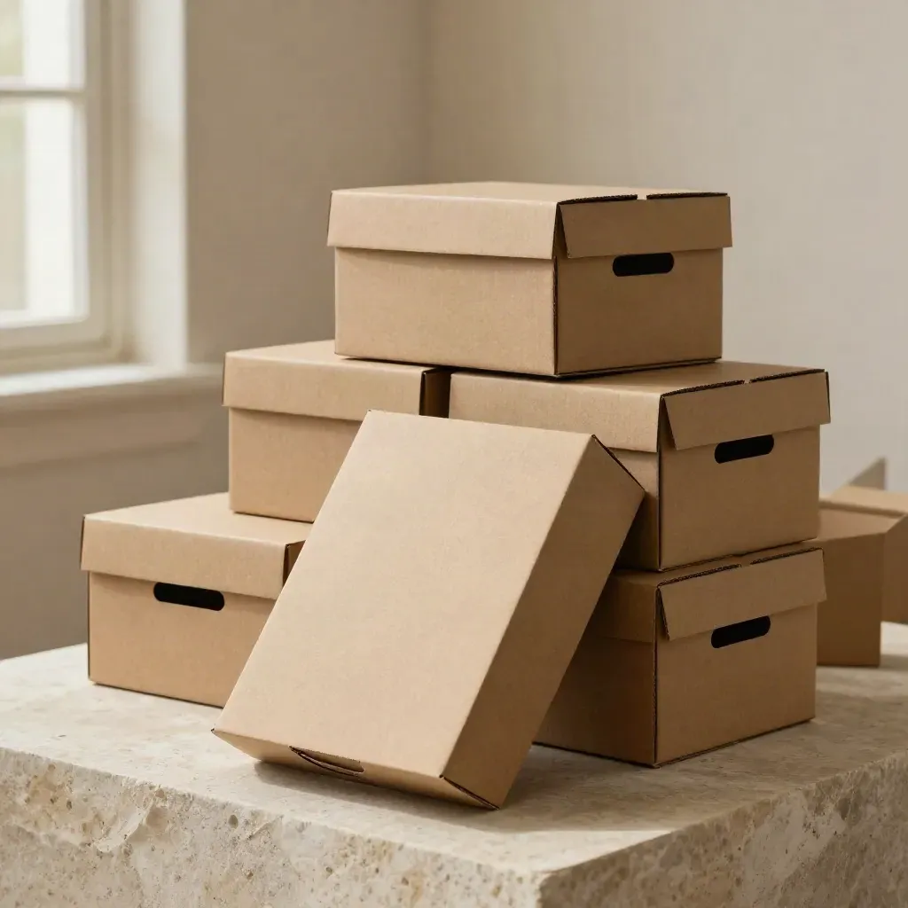 Stack of kraft carry boxes in a low hero studio product shot.