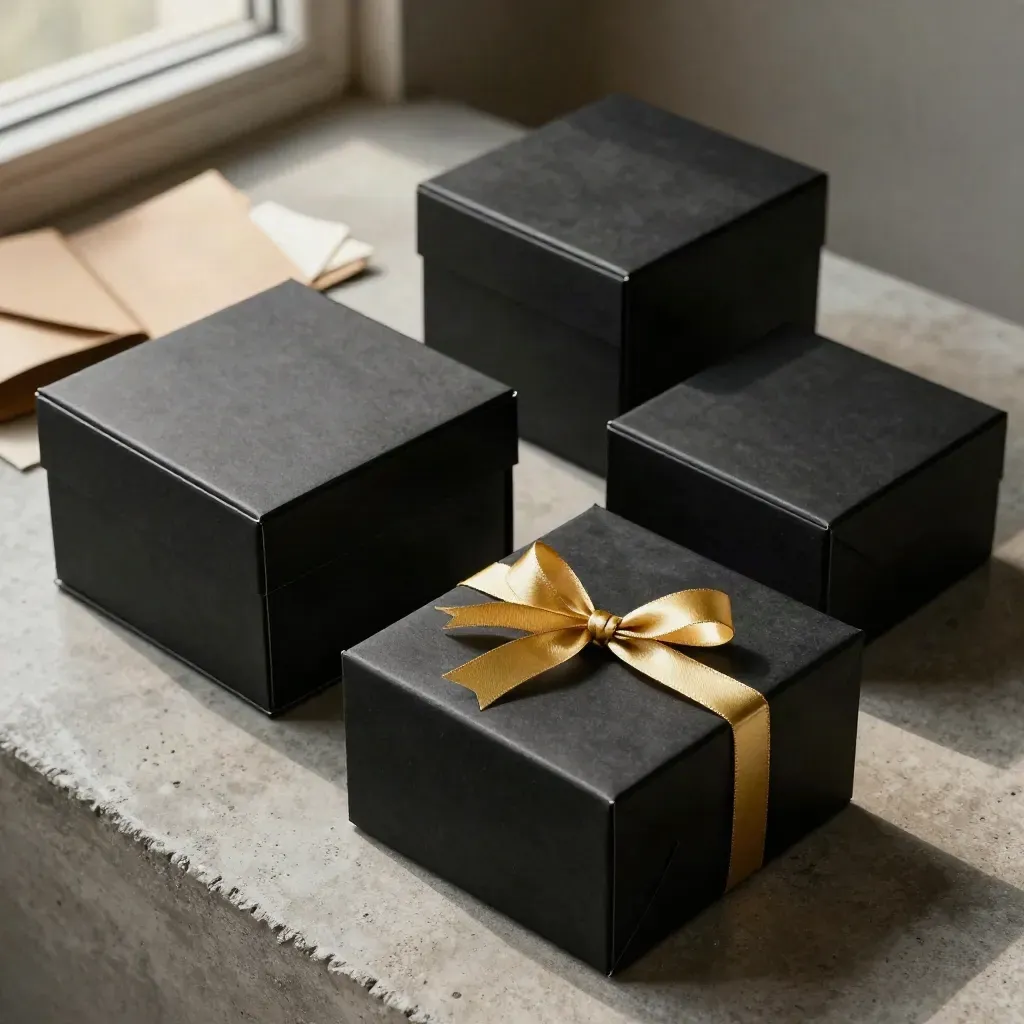 Four matte black gift boxes on concrete, one lid offset, gold ribbon loop, overhead flatlay