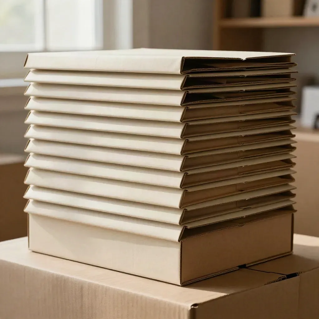 Monumental diagonal stack of cream and kraft mailer boxes on a pale plaster plinth.