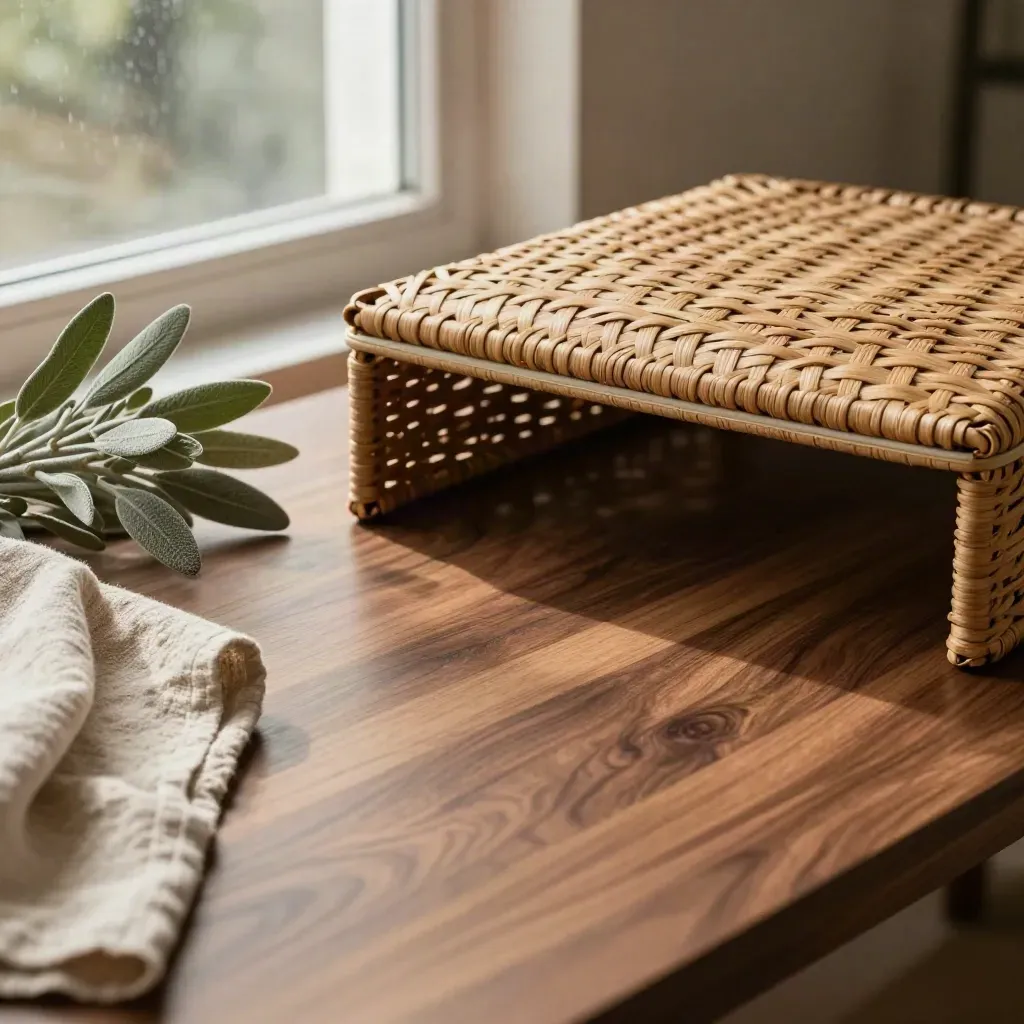 Walnut hamper lid, linen cloth and greenery on a calm sunlit worktable with open copy space.